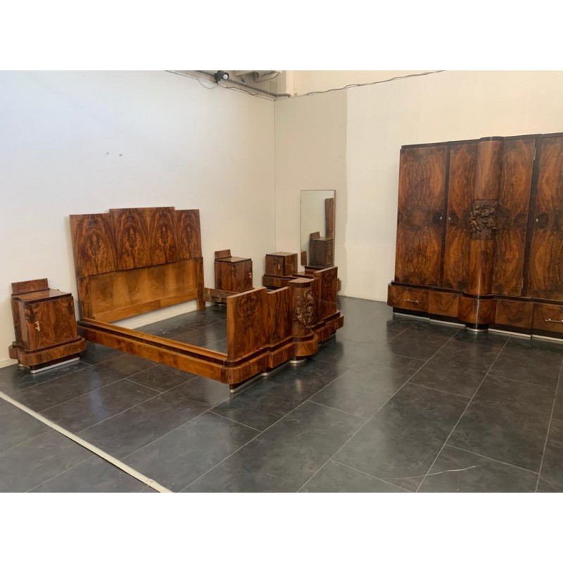 Walnut Furniture with Carvings by Ducrot, 1920s