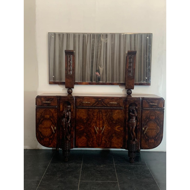Sculptural Walnut Sideboard and Mirror, 1920s