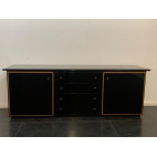 Black Lacquered Credenza with Layered Wood by Pierre Cardin for Roche Bobois, 1970s